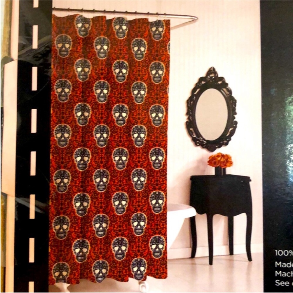 Betsey Johnson Orange and Black Sugar Skull Shower Curtain